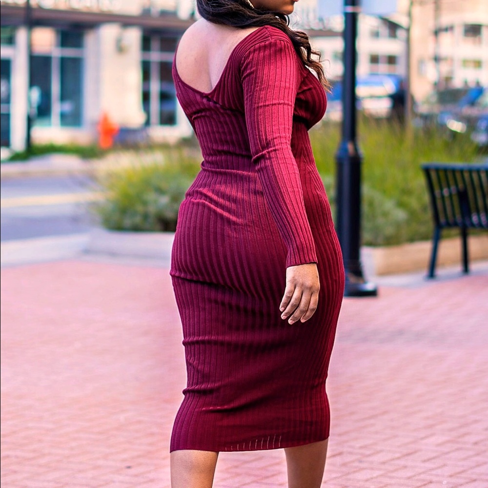 Wine Ribbed Sweater Dress